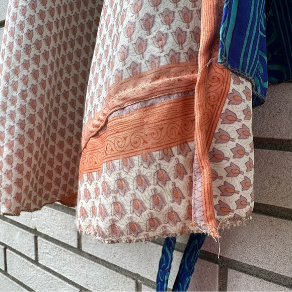 Boho Reversible Silk Wrap Skirt Blue & Peach Print – Made in India One Size - Picture 6 of 10